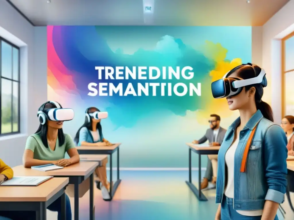 Futurista aula con realidad virtual para aprender idiomas, estudiantes y tecnología