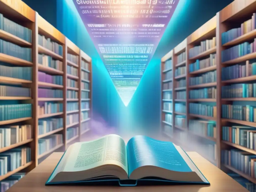 Futurista biblioteca digital con diccionarios flotantes y luz, evocando innovación y traducción