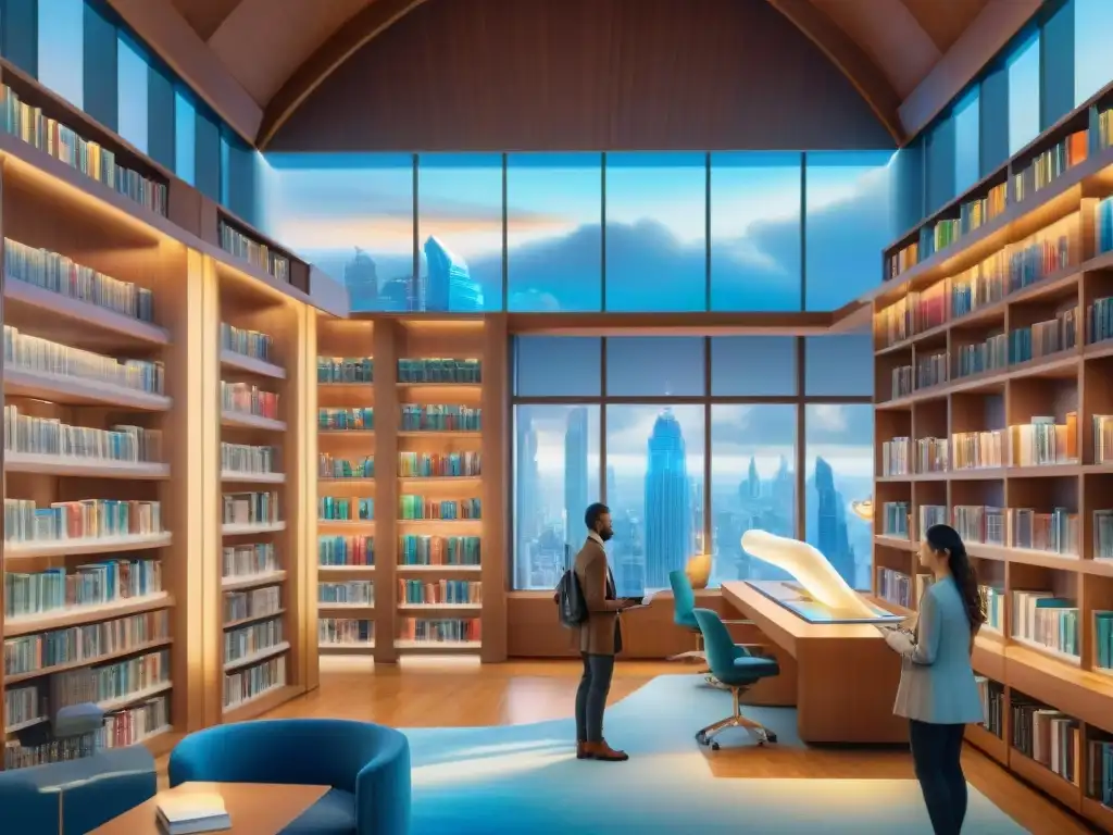 Futurista biblioteca con IA y humanos intercambiando conocimientos