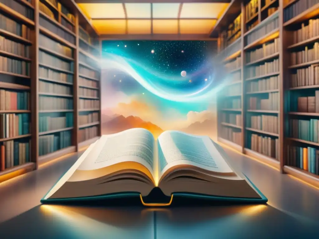 Futurista biblioteca con traducción literaria, IA y libros antiguos, todo iluminado con una luz cálida de maravilla y posibilidad