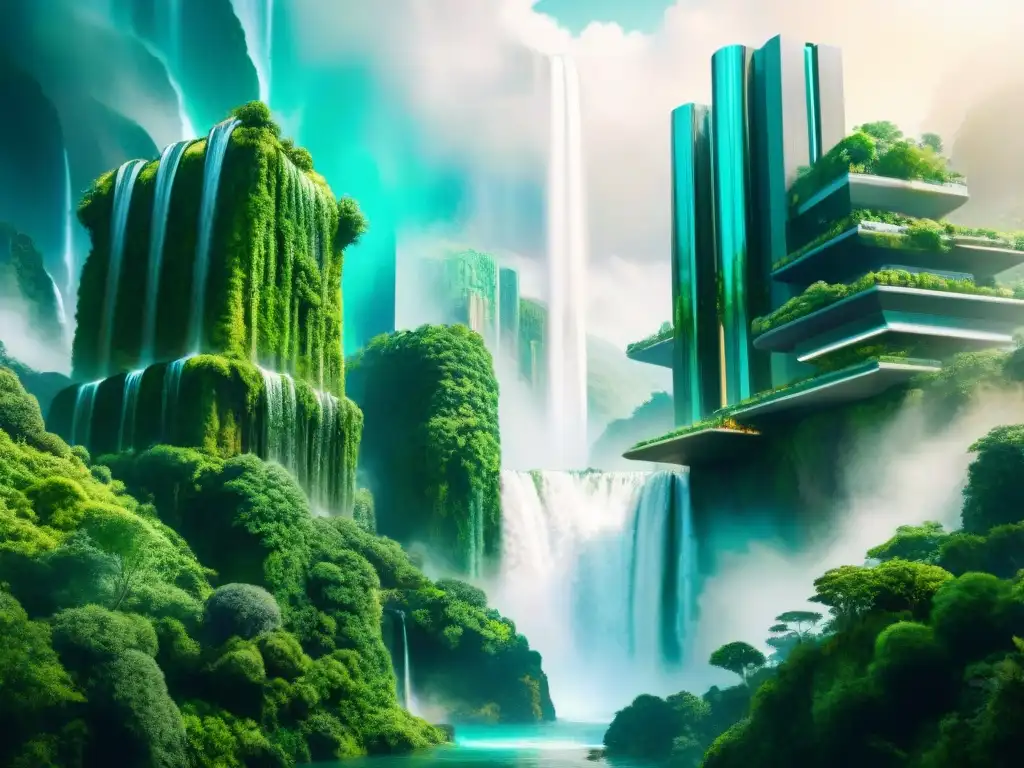 Futurista ciudad con IA en lenguaje natural, edificios metálicos y naturaleza