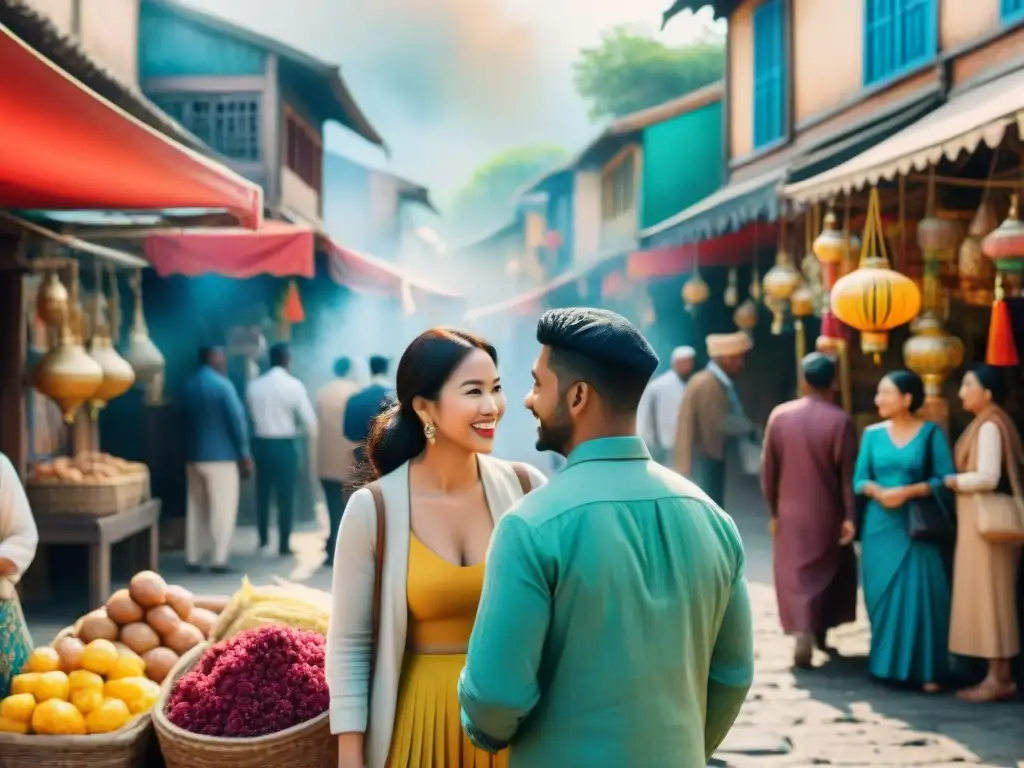 Mercado multicultural: diálogos vibrantes en acuarela Ilustración acuarela de gente diversa en animadas conversaciones en un mercado, destacando la influencia económica de los dialectos