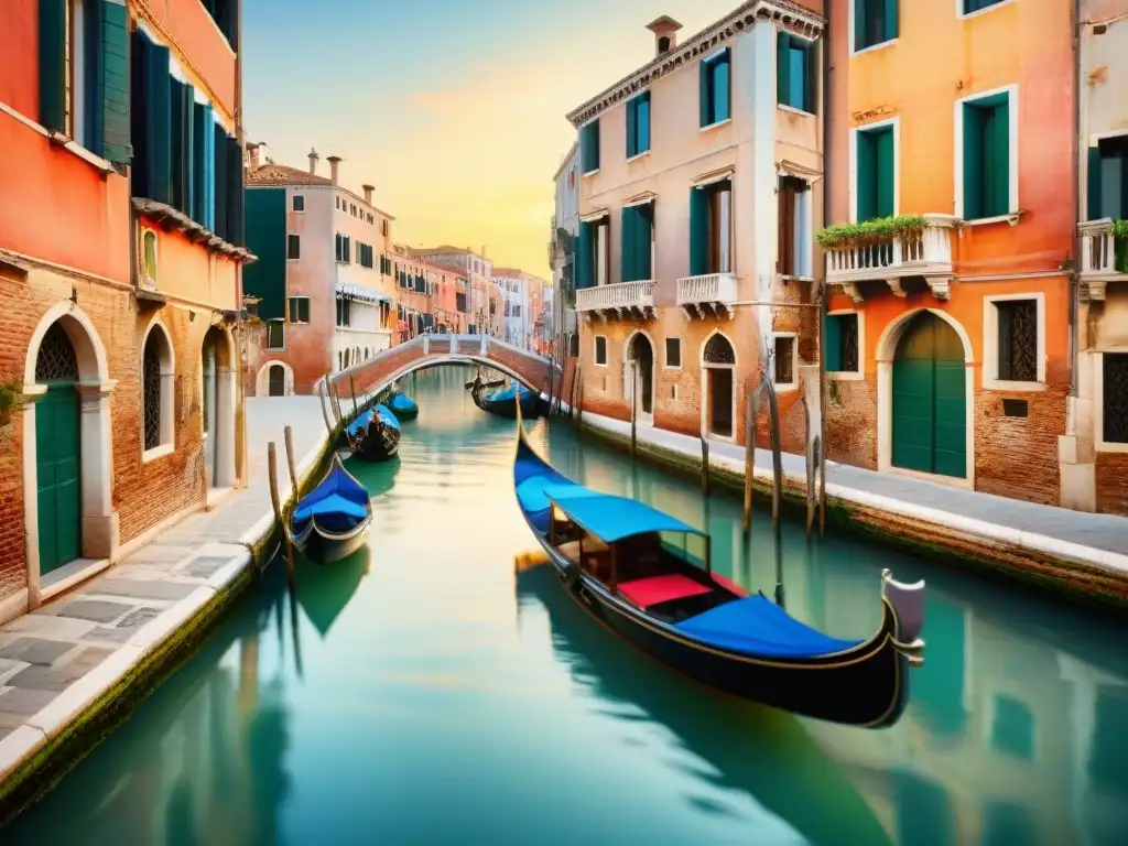 Gondolas flotando en un canal veneciano al atardecer