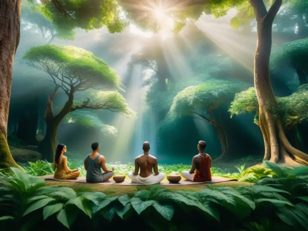 Meditación grupal en el bosque antiguo: una escena espiritual con símbolos de lenguas antiguas