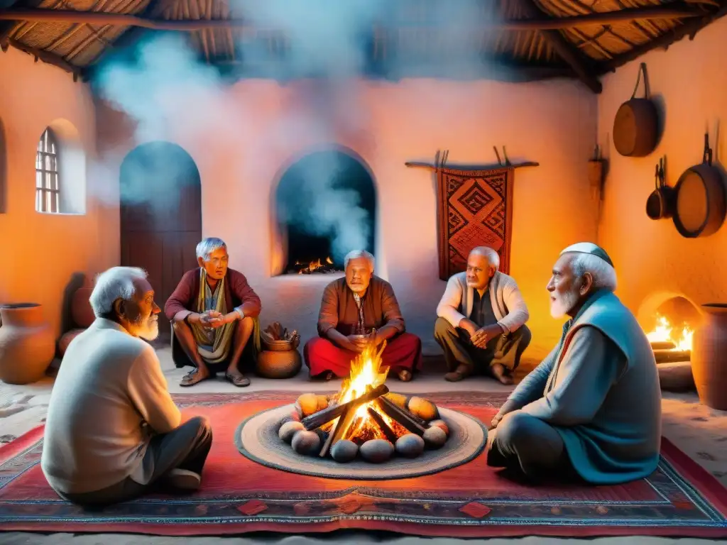 Grupo de ancianos escuchando leyendas alrededor del fuego en un pueblo tradicional, transmitiendo sabiduría en dialectos