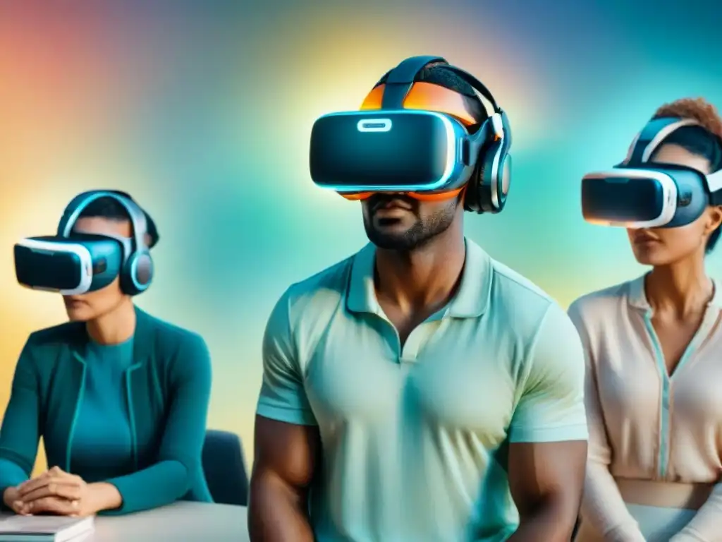 Un grupo diverso de adultos usa auriculares de Realidad Virtual en un entorno de aprendizaje de idiomas