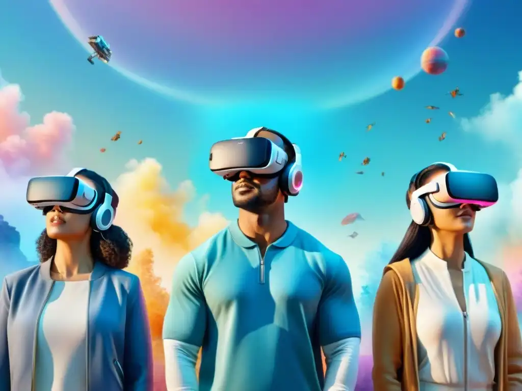 Un grupo diverso de adultos aprendiendo idiomas con Realidad Virtual, inmersos en lecciones digitales en un entorno futurista