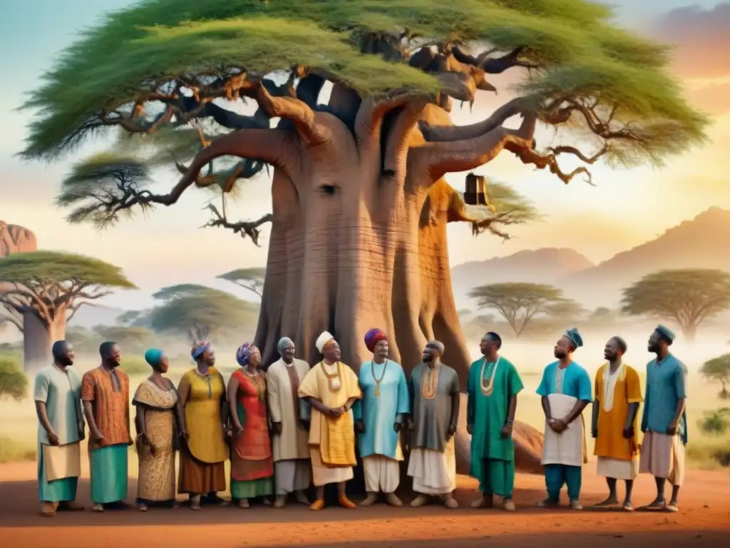 Un grupo diverso de africanos canta gospel bajo un baobab, expresando unidad y conexión espiritual en dialectos africanos