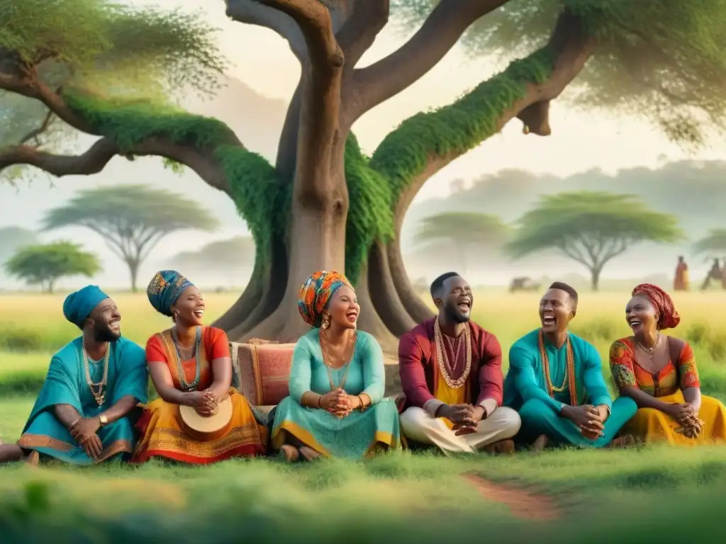 Un grupo diverso de africanos canta gospel en dialectos africanos bajo un árbol frondoso en un paisaje africano vibrante