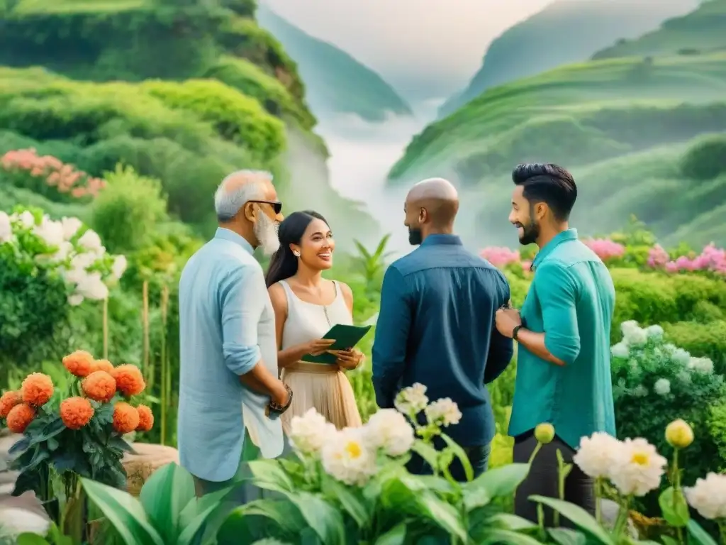 Un grupo diverso y alegre revive idiomas olvidados entre flores y naturaleza exuberante