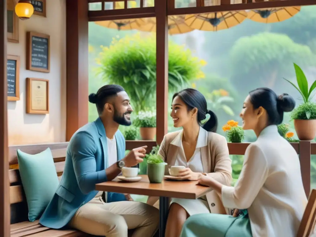 Un grupo diverso y animado intercambia idiomas en un café encantador, rodeado de naturaleza exuberante y flores vibrantes