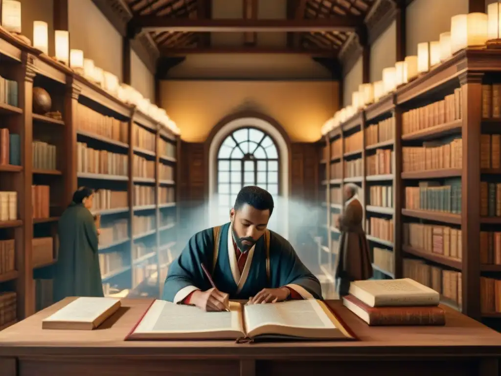 Un grupo diverso de antiguos eruditos colabora en la reconstrucción de lenguas antiguas en una biblioteca iluminada por el sol