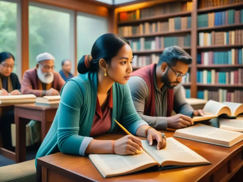 Un grupo diverso estudia antiguos pergaminos en una biblioteca acogedora, fomentando el aprendizaje de lenguas extintas en comunidades