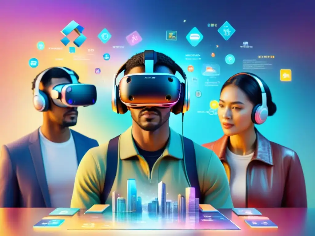 Grupo diverso de aprendices de idiomas inmersos en un juego de realidad virtual