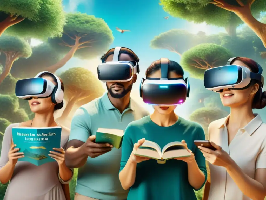 Un grupo diverso de aprendices de idiomas utilizan Realidad Virtual para aprender idiomas en un mundo vibrante de libros y paisajes lingüísticos