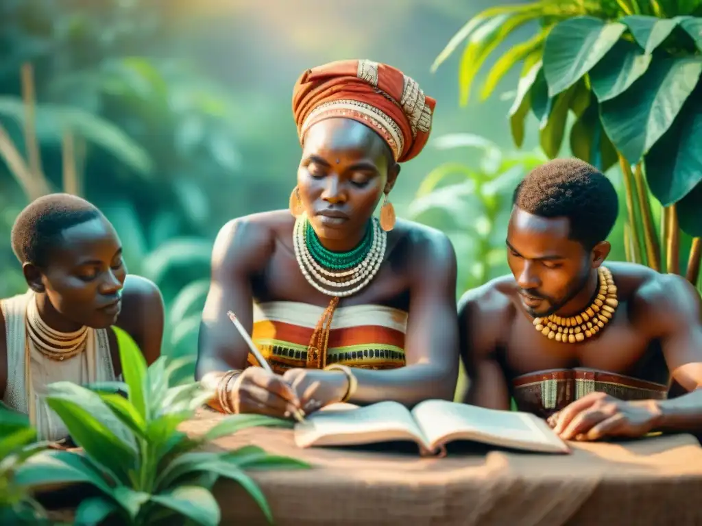 Un grupo diverso de autores africanos inmersos en la escritura, rodeados de naturaleza exuberante y patrones tradicionales vibrantes