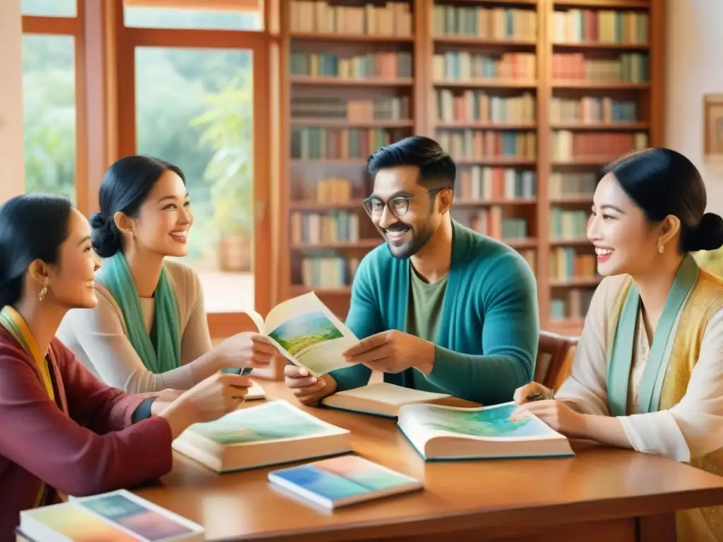 Un grupo diverso en una biblioteca acogedora, discutiendo sobre 'Herramientas de traducción para dialectos'