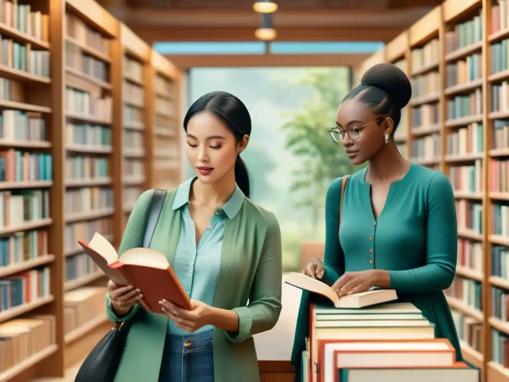 Un grupo diverso en una biblioteca vibrante, cada uno leyendo en un idioma distinto