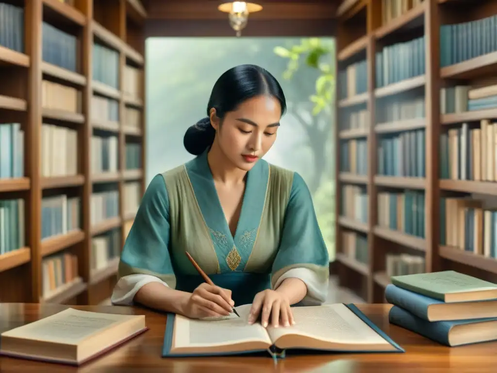 Guardianes del Patrimonio: Libreros y Archivistas Unidos Un grupo diverso de bibliotecarios y archivistas de todo el mundo preservando documentos lingüísticos en una ilustración acuarela