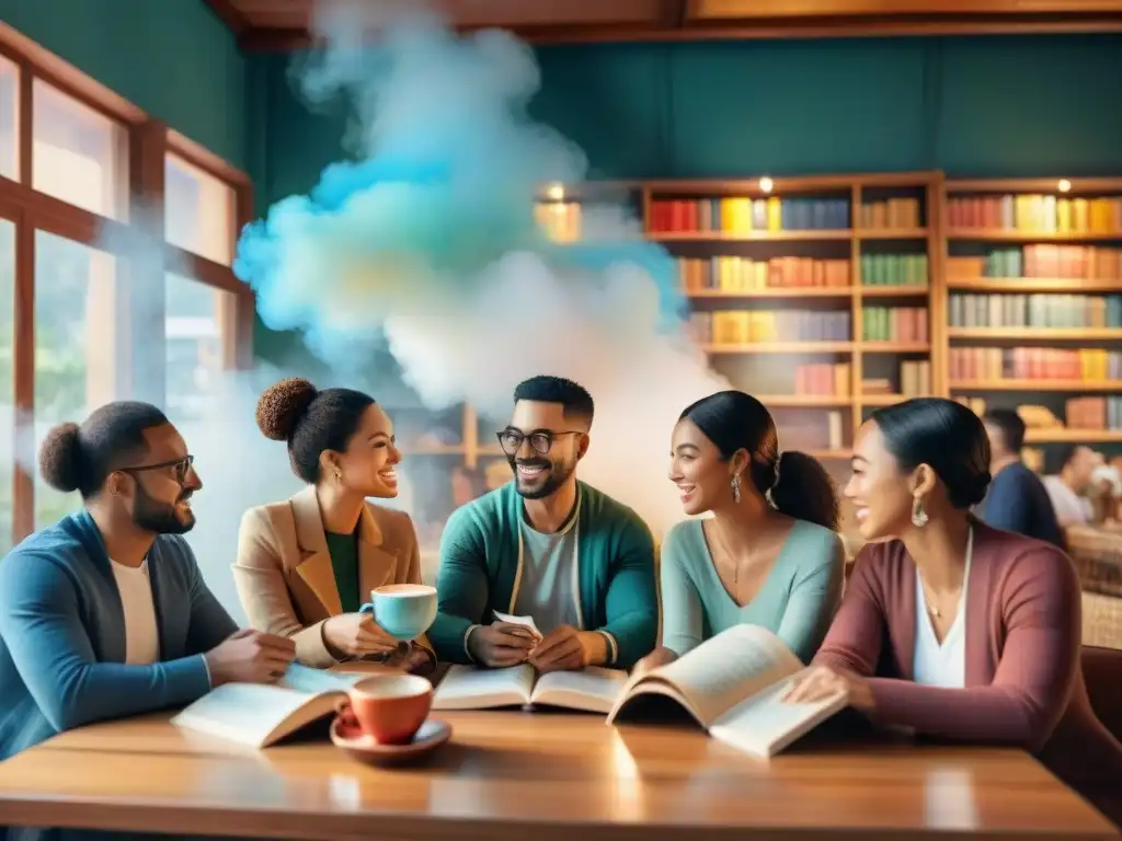 Grupo diverso conversando en cafetería acogedora, rodeados de libros y símbolos lingüísticos, beneficios emocionales aprender nuevos idiomas