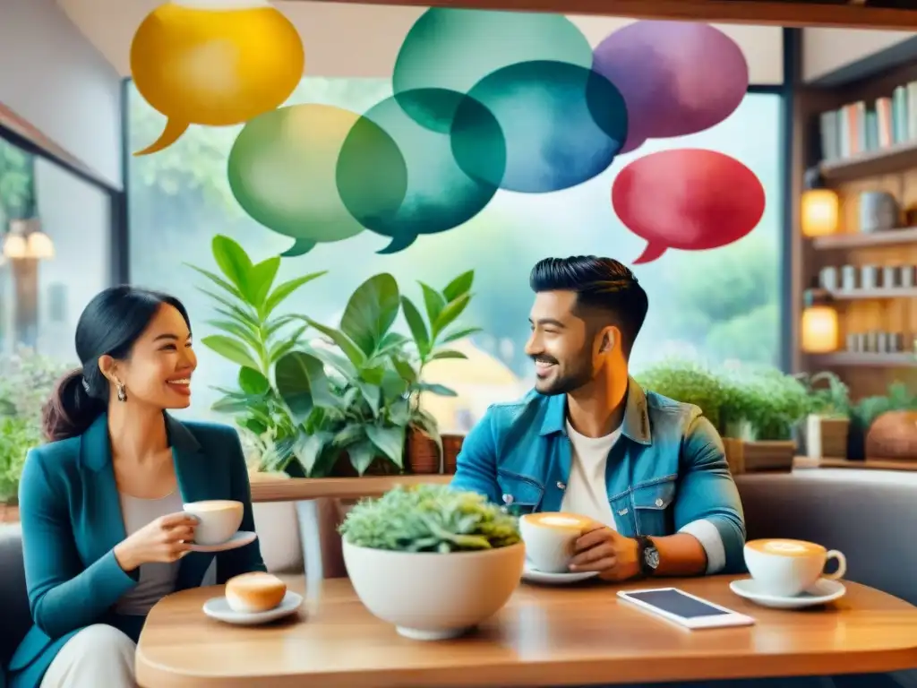 Ilustración acuarela de un grupo diverso conversando animadamente en una cafetería acogedora