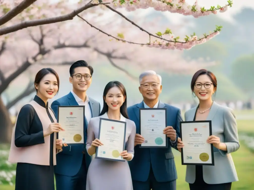 Un grupo diverso celebra bajo un cerezo en flor sus certificaciones lingüísticas