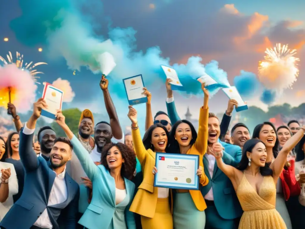 Un grupo diverso celebra con certificados DELE bajo fuegos artificiales, representando los beneficios del DELE en el extranjero