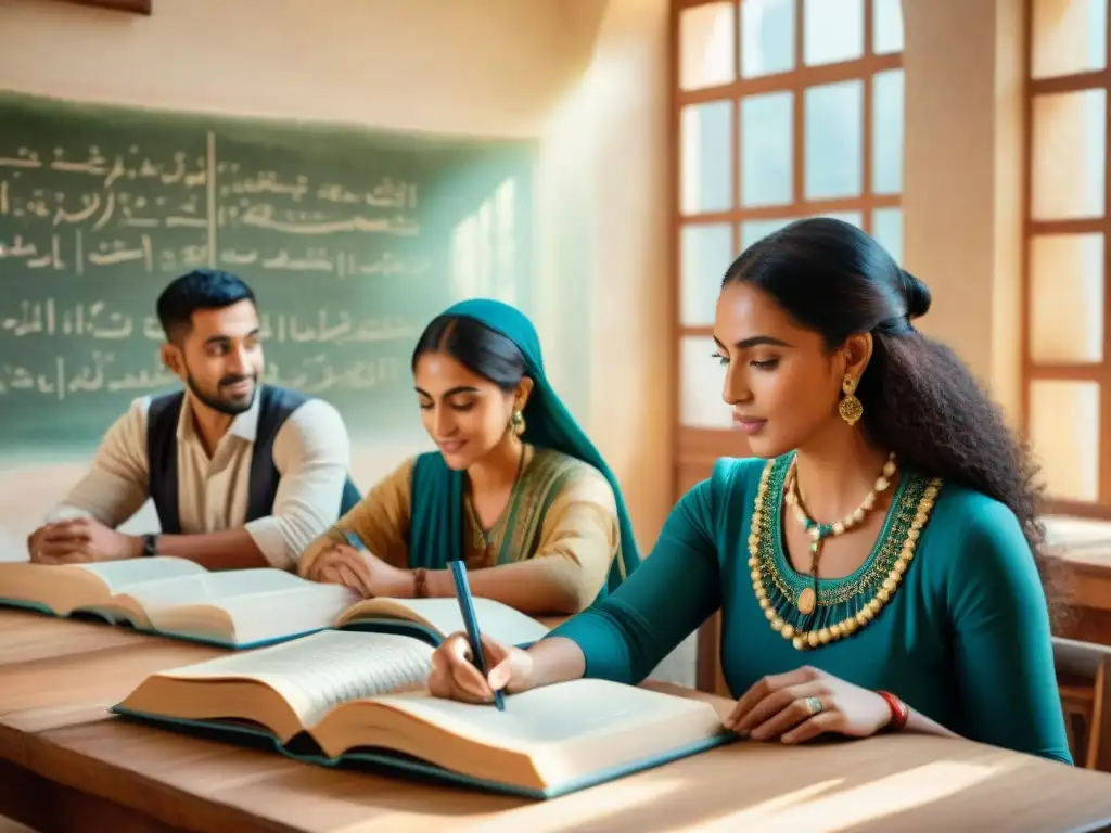 Grupo diverso aprendiendo copto en un aula soleada con motivos egipcios