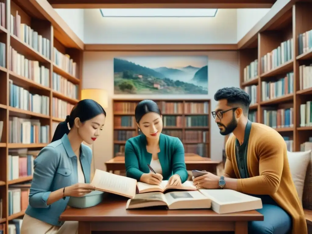 Un grupo diverso escribe autobiografías en dialectos, retratando identidades culturales en una acogedora biblioteca iluminada