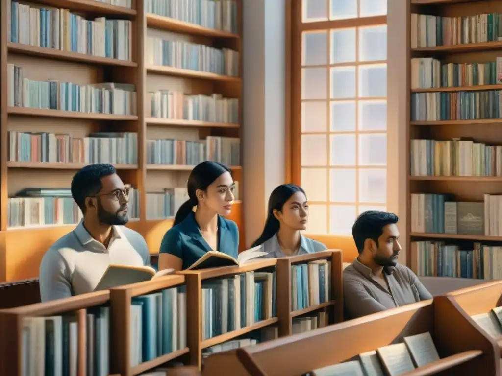 Un grupo diverso lee 'El Diario de Ana Frank' en distintos idiomas en una biblioteca tranquila