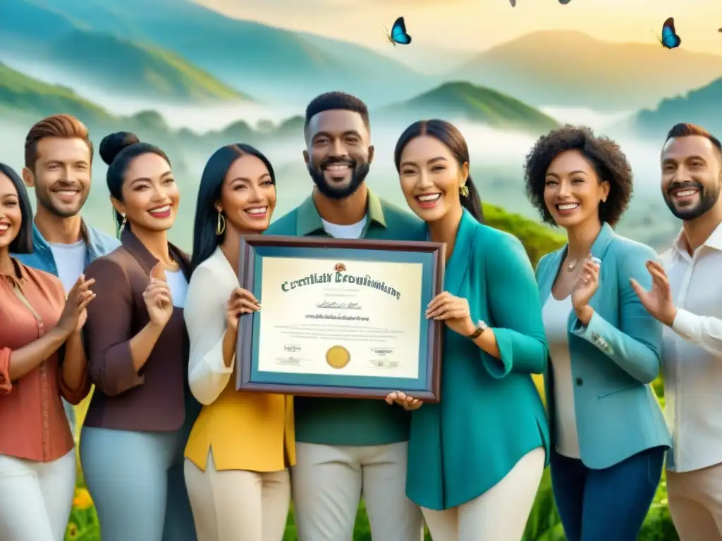 Un grupo diverso celebra con diplomas en mano en un paisaje exuberante