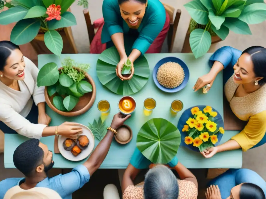 Un grupo diverso celebra la diversidad lingüística alrededor de una mesa, rodeados de naturaleza exuberante y elementos simbólicos