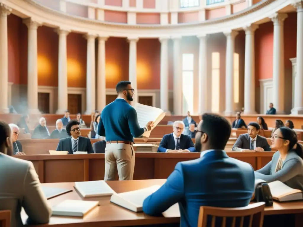 Grupo diverso de eruditos debaten la pronunciación del Latín Clásico en una sala universitaria iluminada por el sol, rodeados de libros y pergaminos antiguos