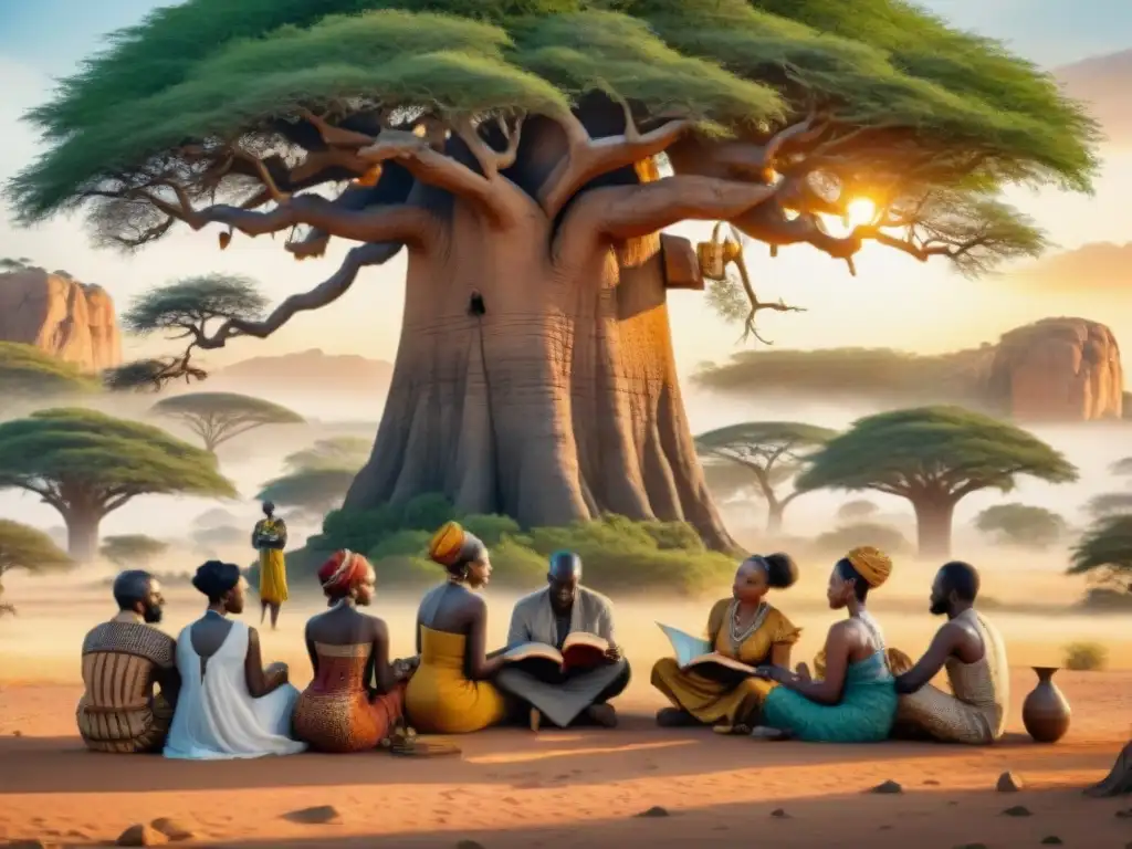 Un grupo diverso de escritores africanos bajo un baobab, inmersos en la literatura en lenguas originarias de África, iluminados por el atardecer dorado