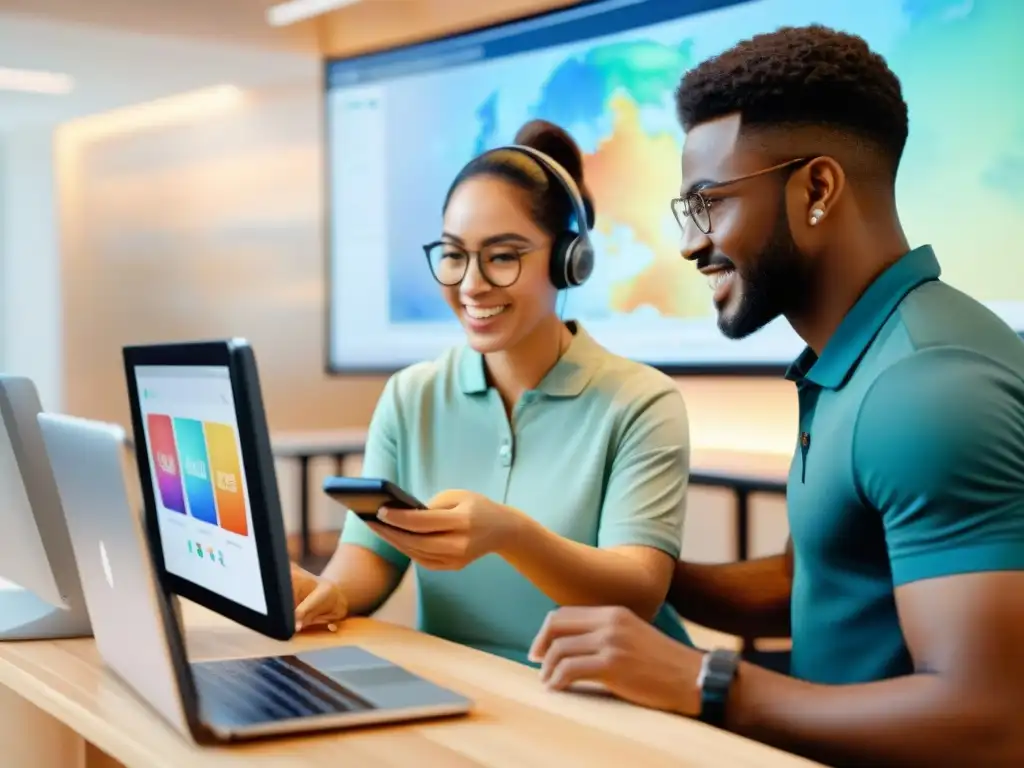 Un grupo diverso de estudiantes colabora en actividades de aprendizaje de idiomas con software educativo