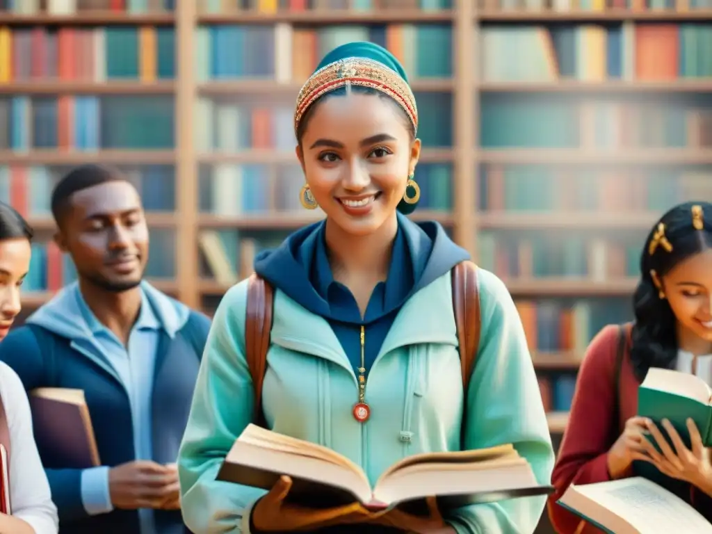 Estudiantes diversos dialogan entre libros en aula multicultural Grupo diverso de estudiantes debatiendo en alegre aula multicultural