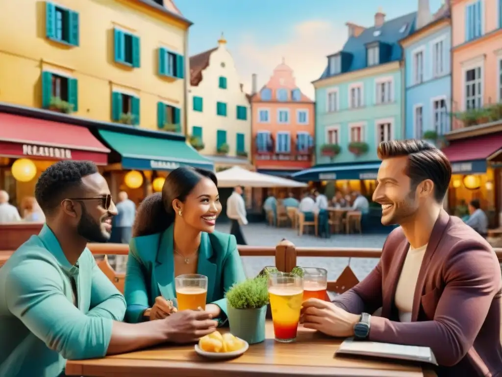 Grupo diverso de estudiantes en animadas conversaciones en una terraza europea, reflejando Competencia en el Marco Común Europeo