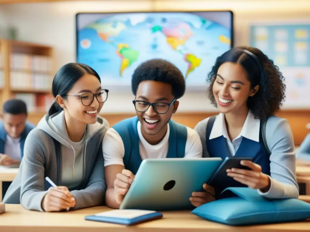 Un grupo diverso de estudiantes se sumerge en aplicaciones educativas para idiomas innovadoras en un aula vibrante