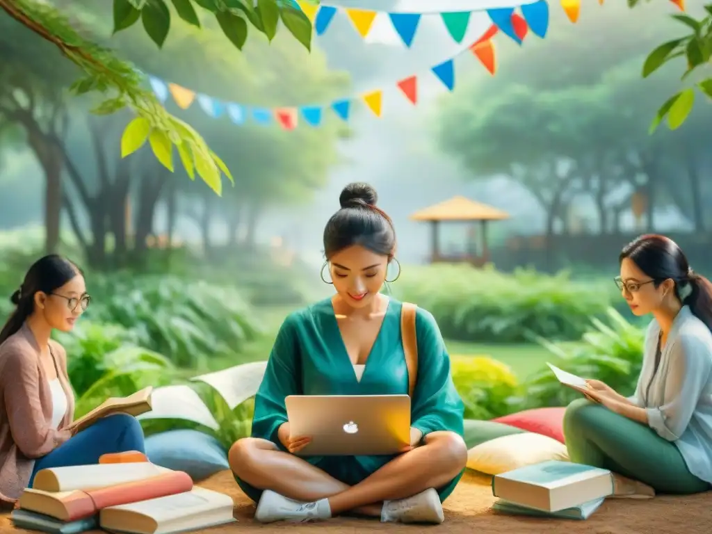 Un grupo diverso de estudiantes concentra su aprendizaje en libros, laptops y tabletas, rodeados de naturaleza y banderas de idiomas coloridas