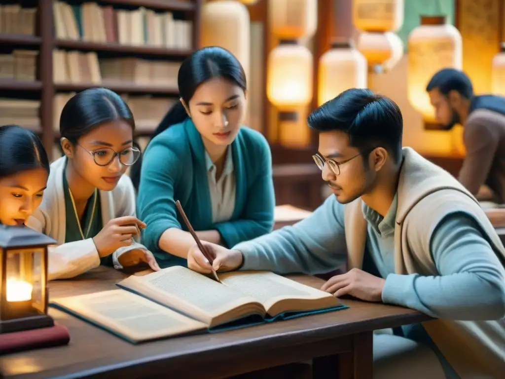 Grupo diverso de estudiantes disfrutando de aprendizaje interactivo con textos antiguos en ambiente acogedor