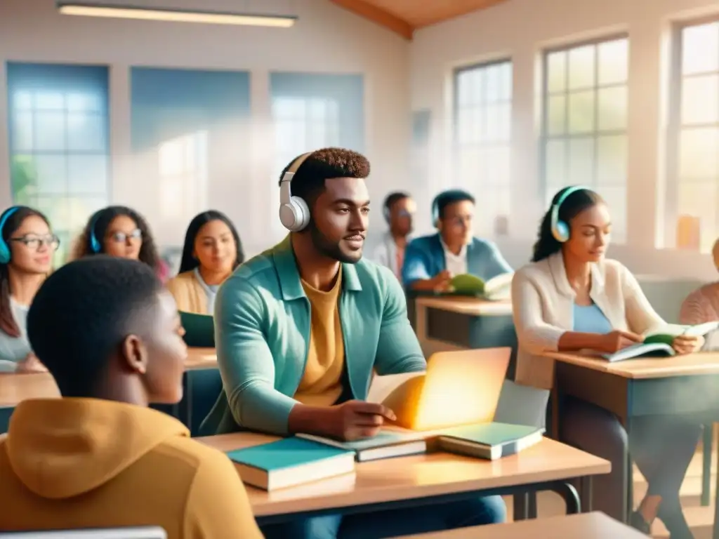 Grupo diverso de estudiantes escuchando un audiolibro en el aula