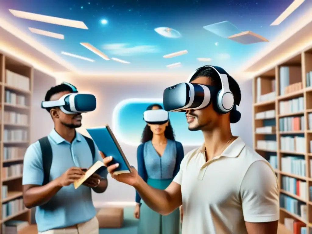 Un grupo diverso de estudiantes en un aula futurista, usando auriculares de realidad virtual, rodeados de libros flotantes en varios idiomas