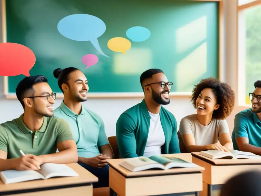 Un grupo diverso de estudiantes discute en un aula