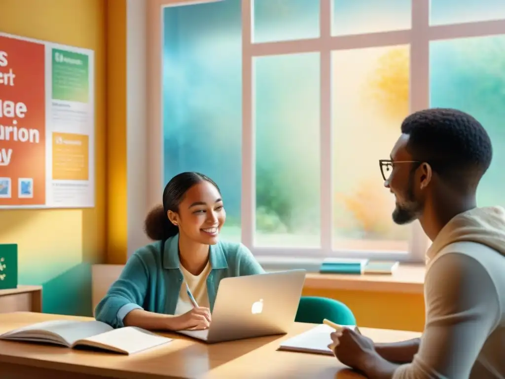 Grupo diverso de estudiantes en aula colorida usando software educativo para aprender idiomas