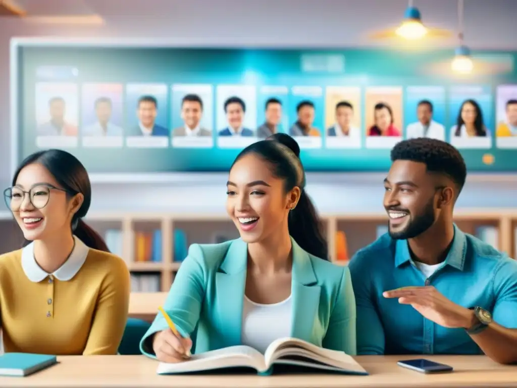 Grupo diverso de estudiantes en aula de idiomas usando tecnología de reconocimiento de voz para aprender diferentes idiomas