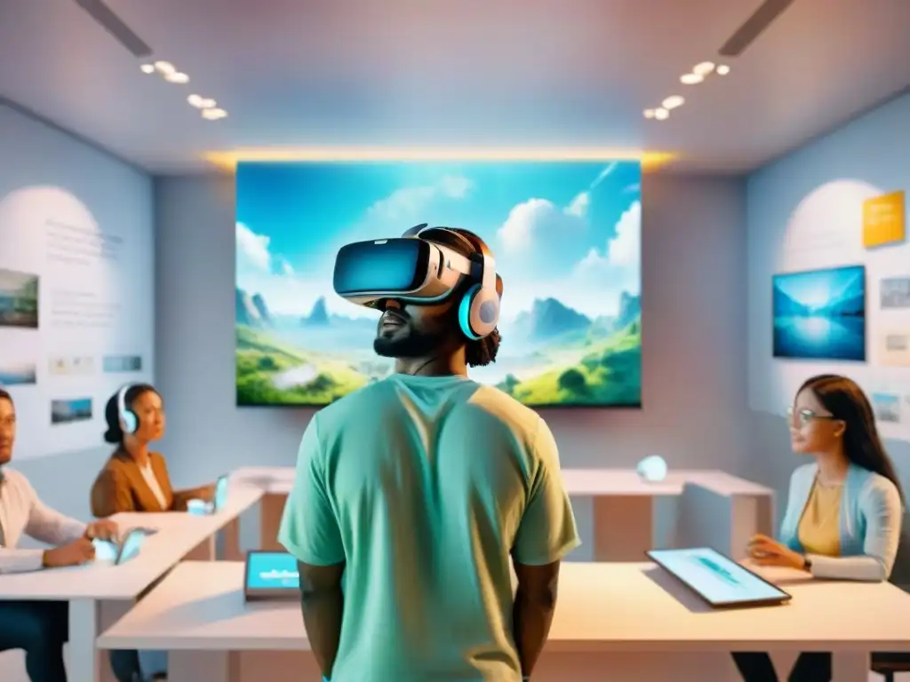 Un grupo diverso de estudiantes usando auriculares de Realidad Virtual para aprender idiomas en un aula futurista