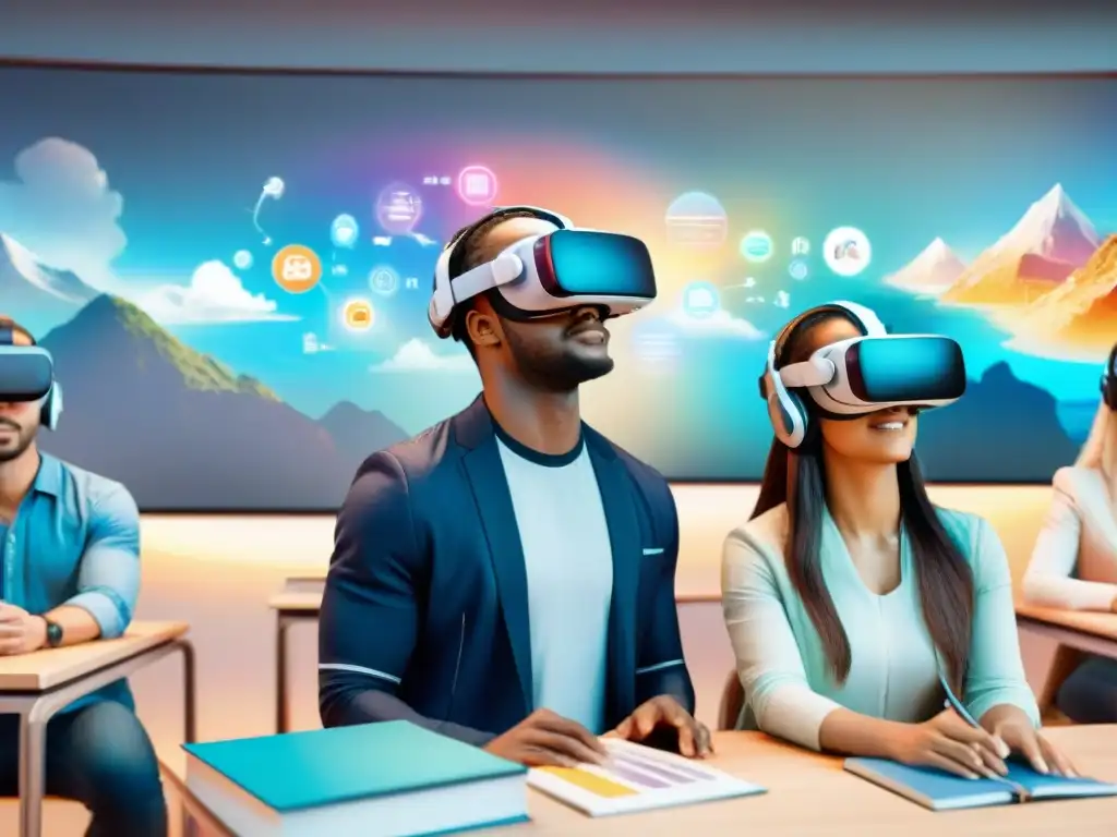 Grupo diverso de estudiantes usando auriculares de Realidad Virtual en un aula futurista de idiomas