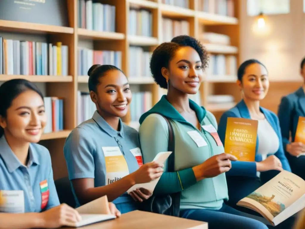 Grupo diverso de estudiantes muestra certificaciones lingüísticas con orgullo en aula soleada