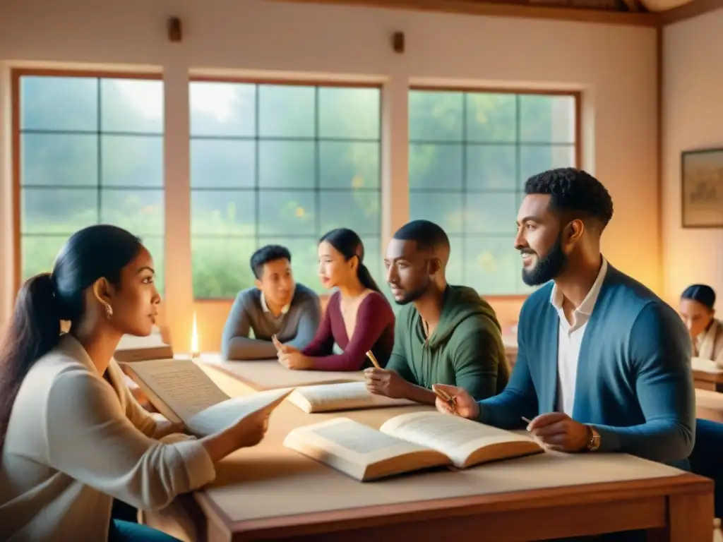 Grupo diverso de estudiantes en clase de lenguas antiguas innovadora entre pergaminos y artefactos antiguos