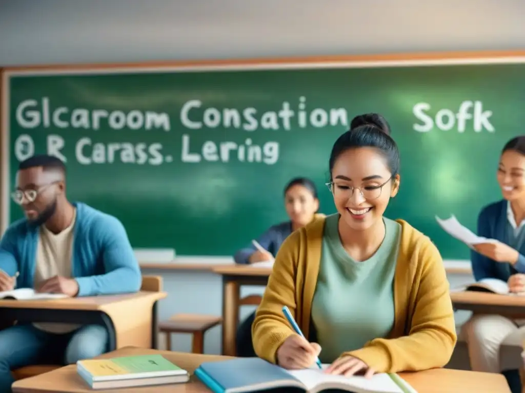 Grupo diverso de estudiantes participando animadamente en clase de idiomas en ambiente académico vibrante